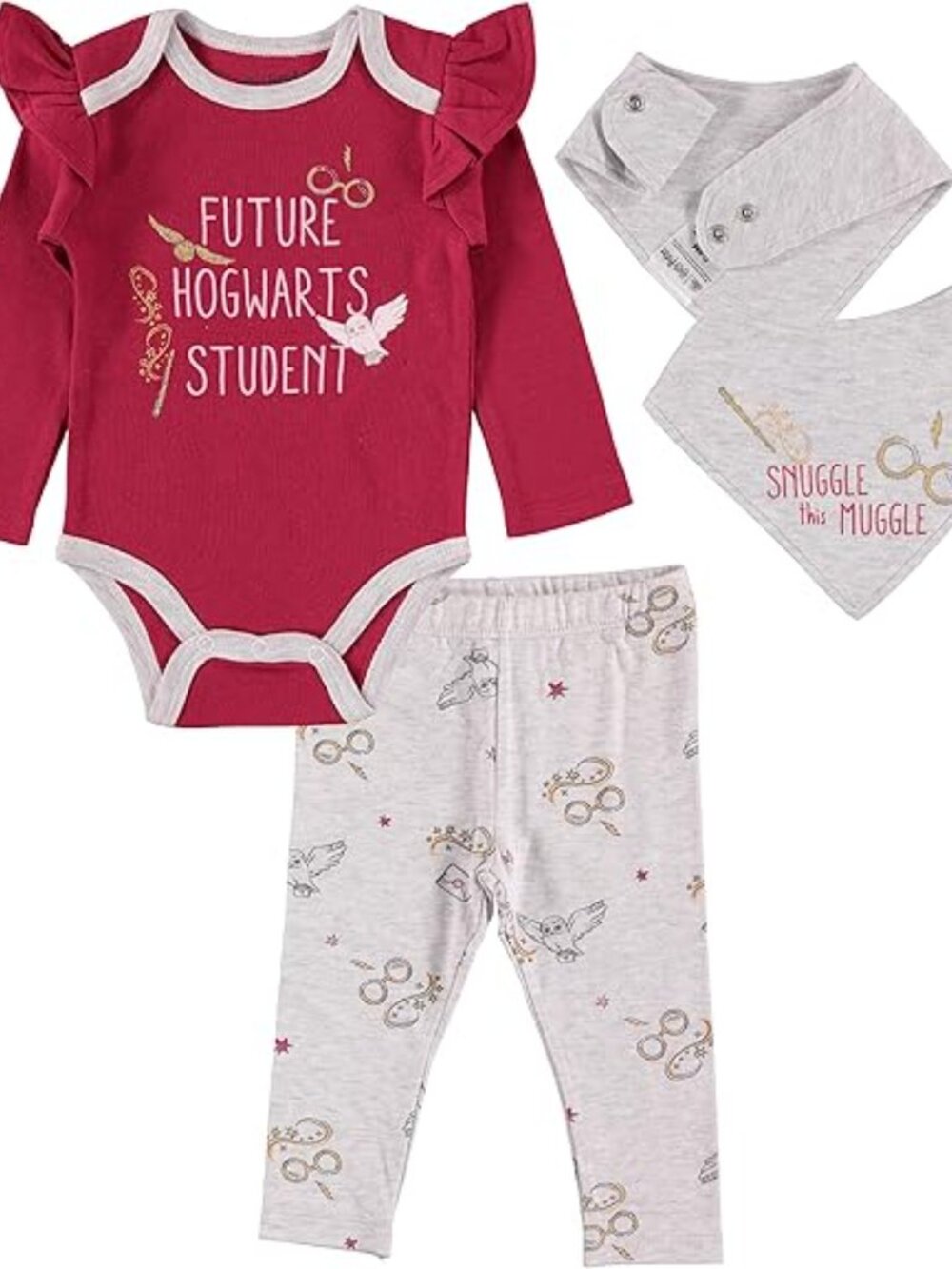 Wizarding World Harry Potter Unisex 3 PCS Bodysuit, Pants & Scarf/Bib Set 3-6M
